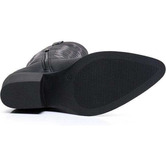 Women's Black Knee High Long Pointed Toe Classic Western Cowboy Boots With Zip - Picture 6 of 7